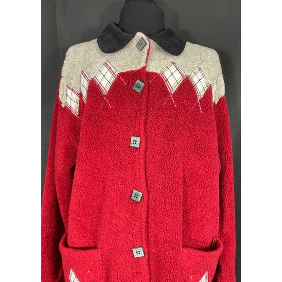 Vintage Woman's Teddi Red Fleece Jacket, Button Up, Quilted Diamonds, Pockets - Picture 2 of 8